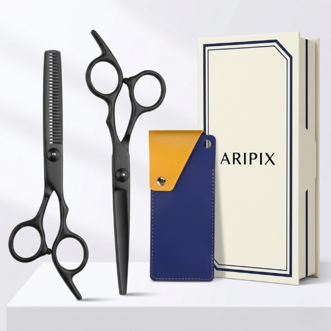 아리픽스 프리미엄 미용가위세트 셀프커트 숱가위 가정용 가죽케이스 빗 헤어집게, 1개, 블랙 2종 기본세트
