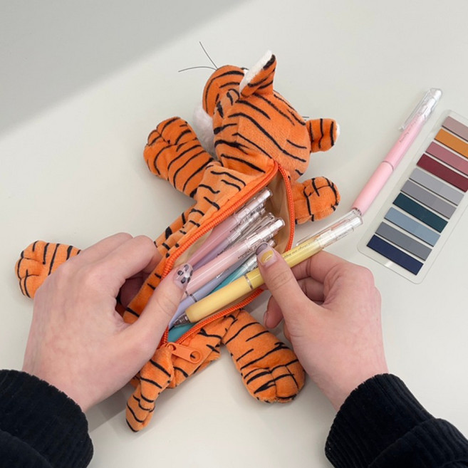 숲속 동물 봉제 인형 필통 패브릭 펜 파우치, 1개, 호랑이