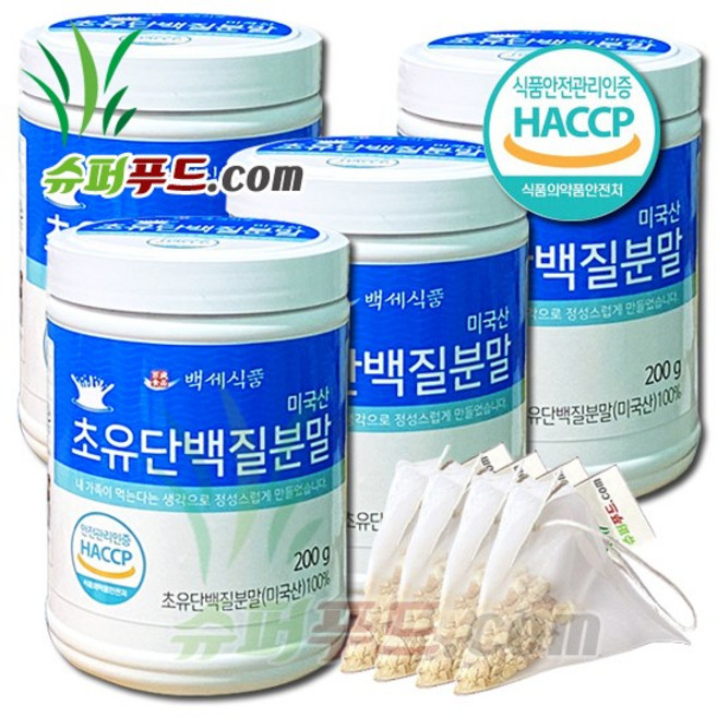 HACCP 인증 초유 단백질 분말 100 % 고단백 MBP단백질 초유단백질분말100% + 슈퍼푸드.com 연자육 티백 기타헬스보조제, 4세트, ( 병 200g + 1g ), 200g