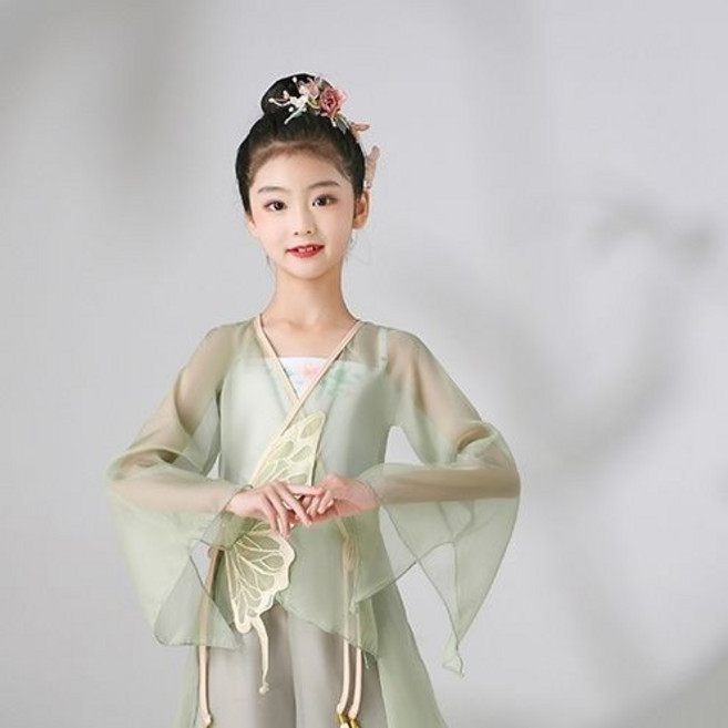 兒童古典舞演出服 飄逸雪紡舞蹈服 女童民族練功服 扇子舞表演服