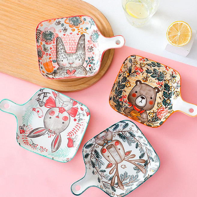 도자기 접시 손잡이 플레이팅 오븐 그릇 홈 식기 파스타볼 세트, A+B+C+D, 1개, 귀여운 동물