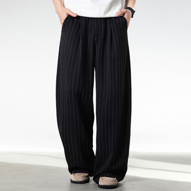 코디코치 남성 핀턱 와이드 스트라이프 슬랙스 벌룬핏 롱 트라우저 세미와이드 밴딩 바지