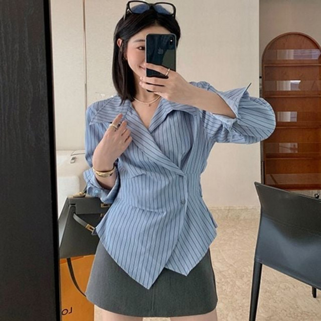 스타일리시 랩 디테일 셔츠 봄 가을 블라우스 간절기 여성의류 bj7+26464wJ