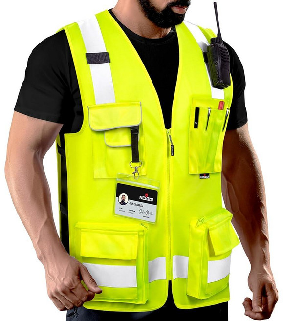 NoCry 튼튼한 스티칭 및 휴대폰 포켓이 있는 남성용 프리미엄 반사 안전 조끼 — 여러 ANSI 클래스 2 고가시성 네온 작업복 - 건설 작업자 측량사에게 이상적 318441, Pro_167926