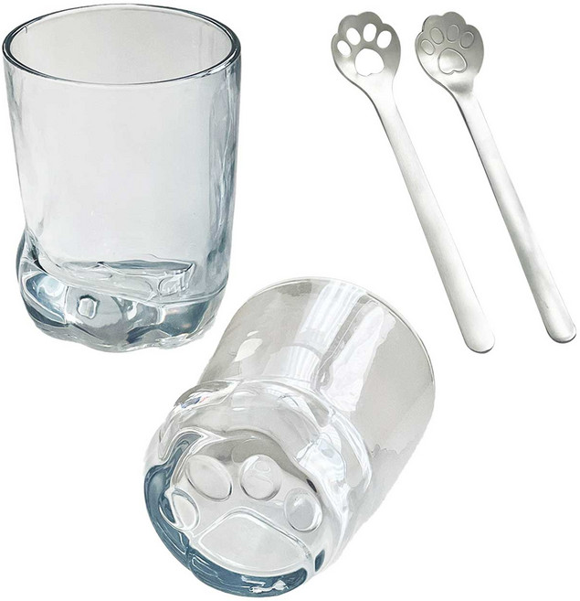 이이공브이샵 냥젤리 유리컵 310ml 2P세트, 1세트, 아쿠아 냥발 컵2P+기본티스푼1P+펀칭티스푼1P