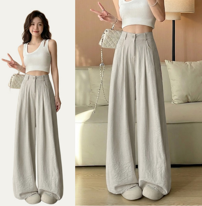 스토리원 WM-SSBT068 여성 핀턱 하프밴딩 와이드 팬츠