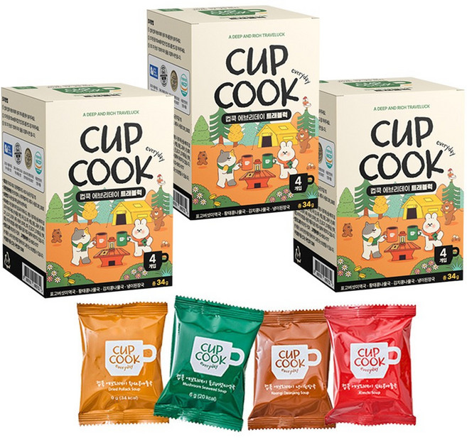 여행필수템 5초 완성 국산 재료 프리미엄 동결건조 블럭국 4가지 맛이 한 박스에 담긴 컵쿡에브리데이 트래블럭, 3개, 34g