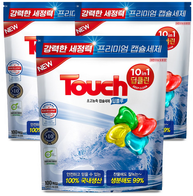 터치 프리미엄 초고농축 캡슐세제 딥블루 국내생산 에이프릴향, 3개, 100개입