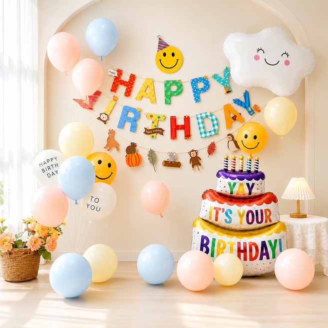 상덕 생일파티용품 풍선 가랜드 장식 세트 해피버스데이 스마일 구름 케이크 포토존, 마카롱 믹스 컬러, 1세트