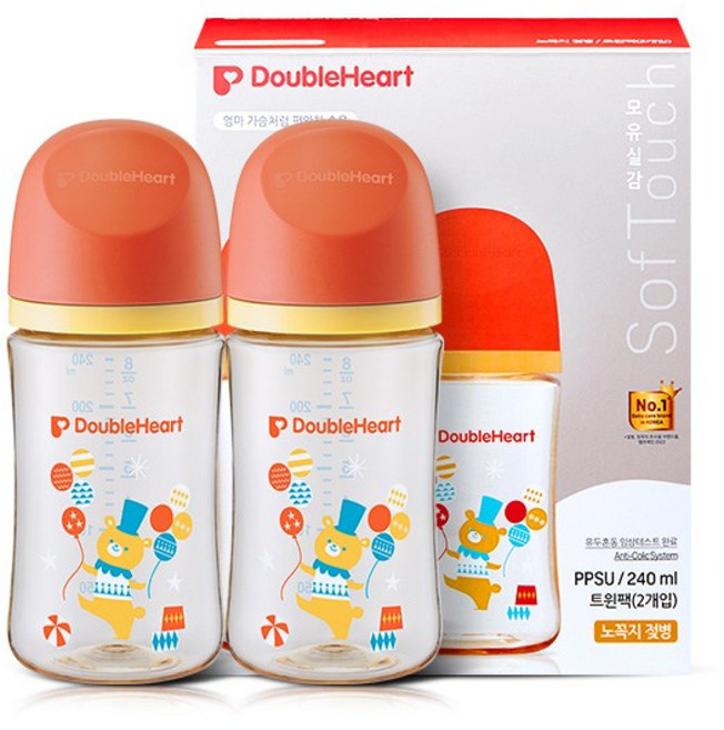 더블하트 모유실감 3세대 PPSU 디어프렌즈 젖병 트윈팩(젖꼭지미포함), 서커스베어, 240ml, 1세트