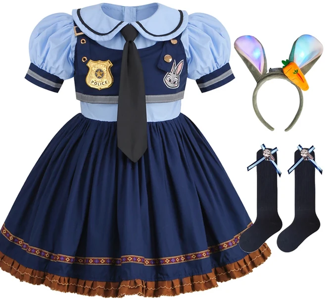 주디 코스프레 의상 어린이 카니발 파티 드레스 소녀 넥타이 머리 장식 벨트 양말 경찰 역할 놀이 영화 유, 03 100cm, 08 Judy Dress E