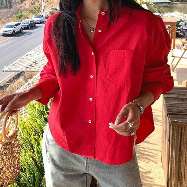 네모엔룩 핀터코튼크롭 여성용 언밸런스 앞뒤기장 세미크롭 셔츠카라넥 원포켓 코튼 긴소매 셔츠 블라우스 남방