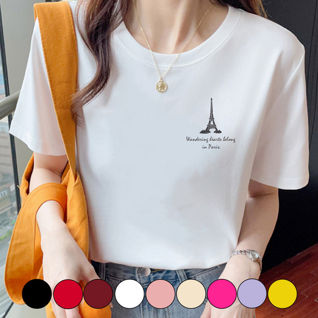 그리내 여성 라운드넥 에펠탑 프린팅 여름 시원한 반팔티 커플티 캐릭터 이너 홈웨어 프린팅 티셔츠