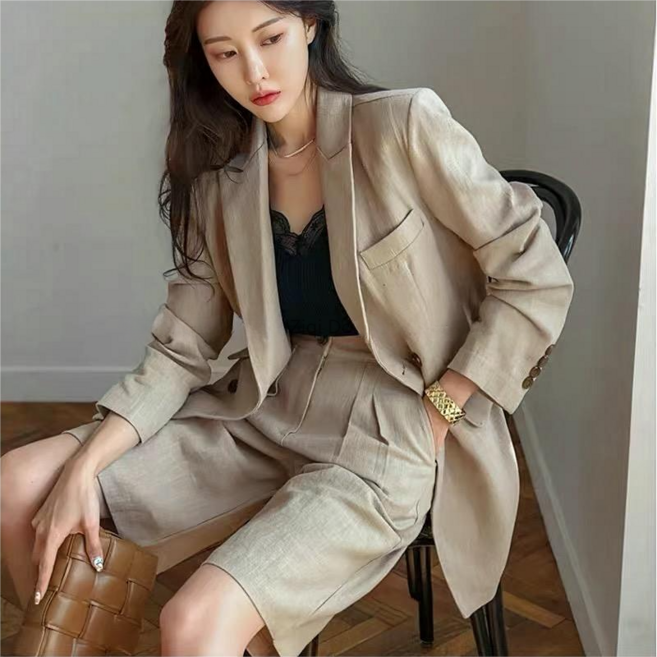 Makone봄 여름 패션 알짜 여성복 여자 린넨 반바지 자켓 투피스 핀턱 버뮤다 팬츠 밴딩 정장 5부 A라인 숏 와이드