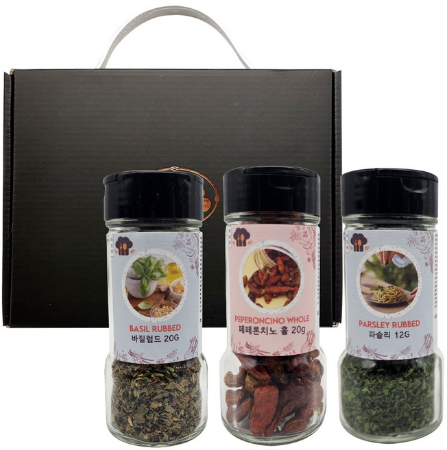 향신료 3종 유리병 선물세트(파스타세트) 페페로치노 파슬리분말 바질럽드, 1개