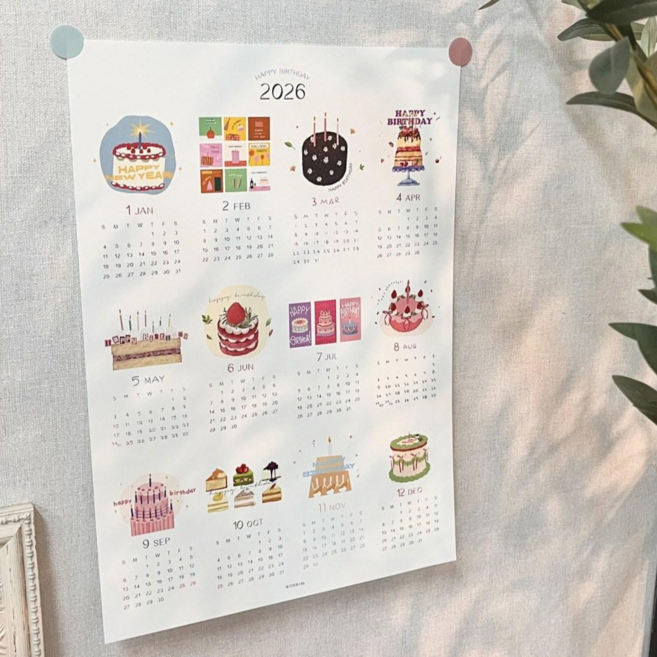 우가차차486 (2026년 생일 케이크 연간 달력 1장) 디데이 캘린더 생일 편지 카드 심플 방꾸미기 달력 신년 선물 벽걸이, 1개, 1장