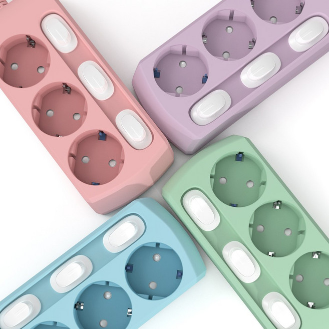 러그박스 3구 개별 멀티탭 납작한 슬림한 플러그 파스텔 멀티콘센트, 1개, 3구 개별 퍼플, 1.5m