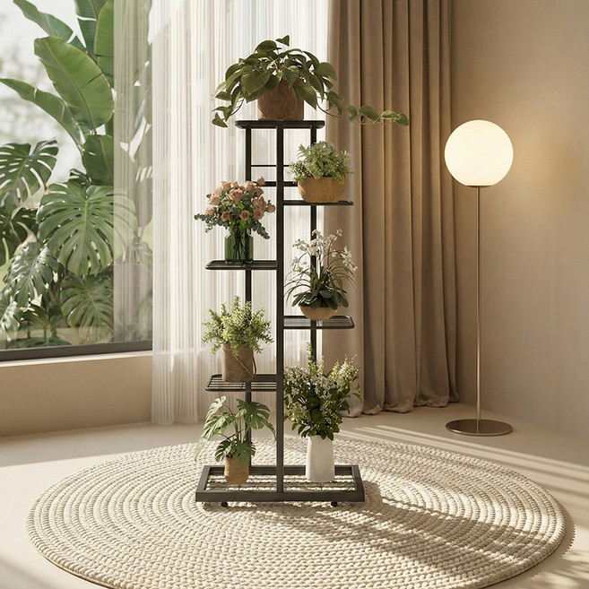 Pineha 화분 선반 홈가드닝 다단 구조 슬림 세로형 공간 절약 감성 인테리어, 6단, 블랙