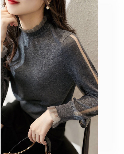 쩐쿠 여성 반폴라 레이스 긴팔티 K0241