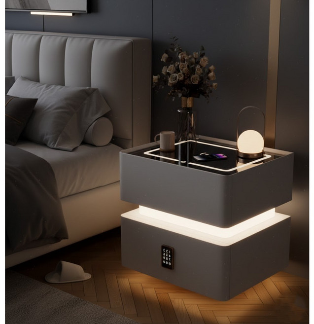 Cynia 튼튼한 가정용 금고 LED조명 스마트 협탁 무선충전 서랍 지문인식 비밀번호 대형, 협탁형, 화이트