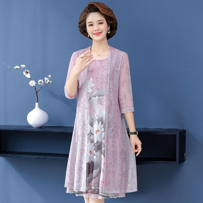 중년 여성 원피스 투피스 세트 봄 여름 고급 엄마옷 캐주얼 가디건 민소매 원피스 세트 기질 하객룩 엄마 세트 CY