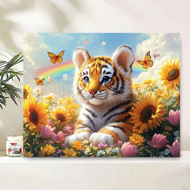 티레오 보석십자수 캔버스형 재물십자수 50x40cm 원형비즈 DIY키트 3D 대형 선물용 풍수 인테리어 취미생활추천, 1개, 호랑이 해바라기