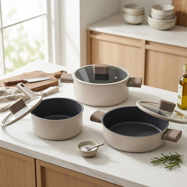 로이첸 모노포트 냄비세트 3종 세트 인덕션겸용, 1세트, 18편수,20양수,24전골, 베이지