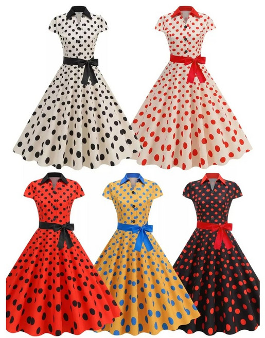 추억의 사진 도트 땡땡이 복고 80년대 오드리햅번 스타일 단체복 우정 댄스복 A라인 원피스