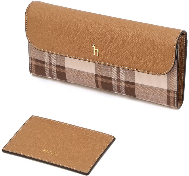 헤지스 여성 베이지 가죽 체크 배색 명함 카드 3단 장지갑