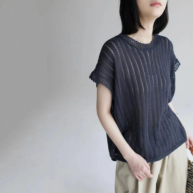 다중성 여성 솔리드 반팔 니트 라운드 티 상의