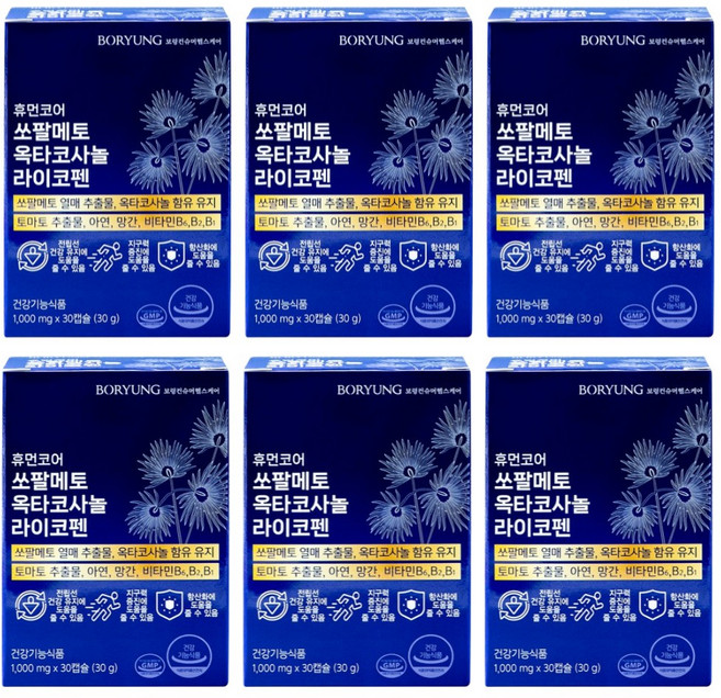 보령제약 휴먼코어 초임계 쏘팔메토 옥타코사놀 라이코펜 걱오일 남자 맨 전립선 포뮬러 영양제, 6박스, 30정