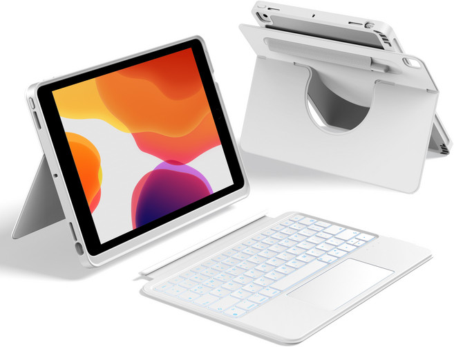 HOU 아이패드 세로 가로 매직키보드 펜슬 수납 아이패드 프로11인치 M4 13인치 에어 6/5/4세대 M2 10.9 11인치 13인치 트랙패드 백라이트 한글 키보드 케이스, 아이패드 7/8/9세대 10.2인치, 화이트