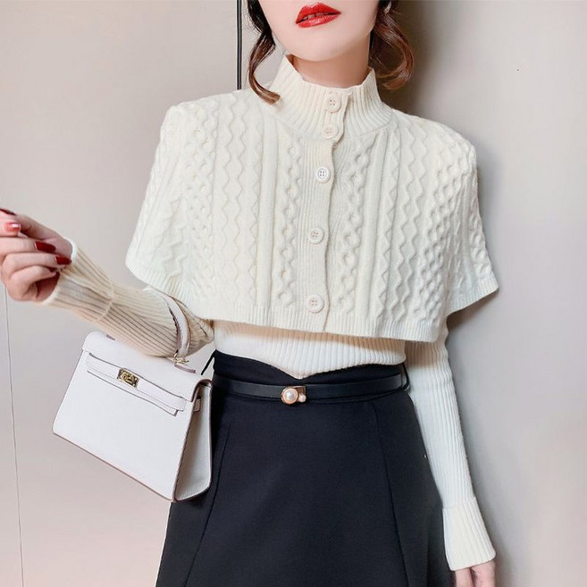 해피유통 반폴라 니트 긴팔 케이프 가을겨울 니트 스웨터 꽈배기 투피스Y1