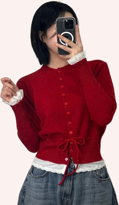 레이스일체형 허리 끈 니트 티 여성 가디건