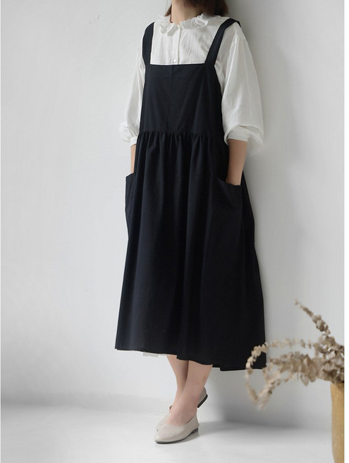 日式工作圍兜 防潑水棉麻大口袋圍裙, 黑色, 1個