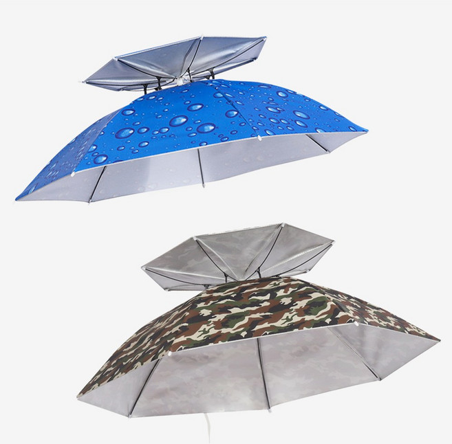 위시월드 2단 머리에 쓰는 우산모자, 물방울 블루+밀리터리