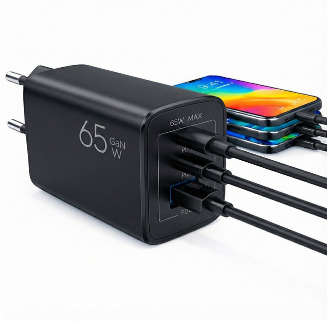 팝폰 3포트 GaN 65W PPS PD QC3.0 초고속2.0 멀티 충전기 + 100W 케이블 세트 TC65, 1개, 블랙