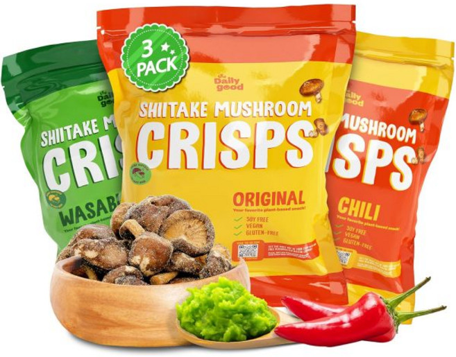 THE DAILY GOOD 베지터블 비건 과자 스낵 더 데일리 굿 표고버섯 칩 3팩 버섯칩 글루텐 프리 버섯 간식 비변형식품 식품 와사비 맛 0.2파운드, 크리스프/ 믹스, 3 온스 (3팩)