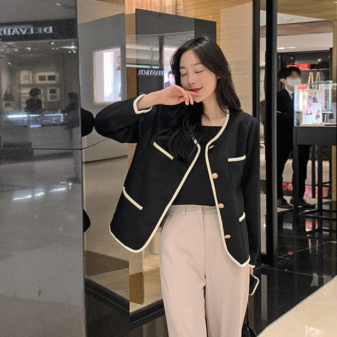 핫핑 쿠블 라인배색 라운드 노카라 트위드자켓