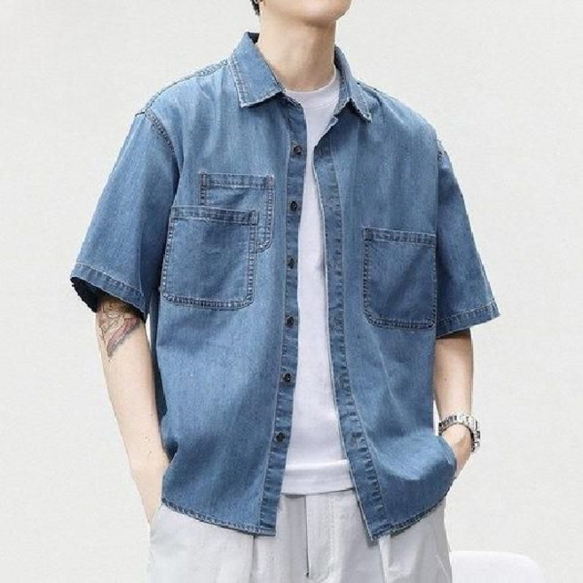SorJar 데님셔츠 여름 남성 캐주얼남성 반팔티 루즈핏 빅사이즈 데님 코트 남자반팔티