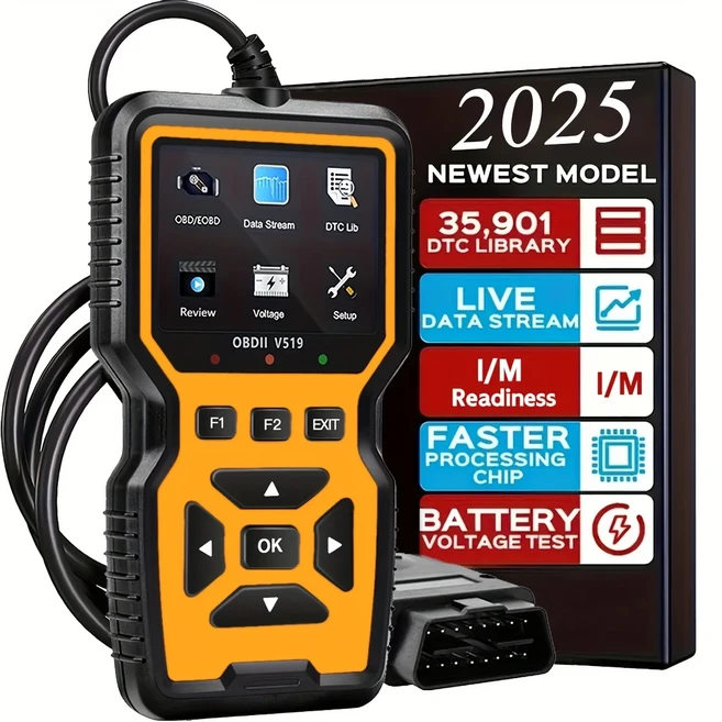 2024 V519 전문가용 OBD2 스캐너 - USB 전원 공급 차량 진단 도구 실시간 데이터 스트림 풀 기능 II 테스트, 03 노란색