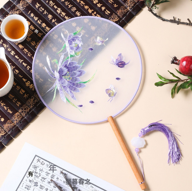 DIU 夏季新古風扇子蘇州雙面刺繡團扇舞蹈用國風漢服旗袍圓扇中國風, 1個, 刺繡扇-曇花仙子:如圖