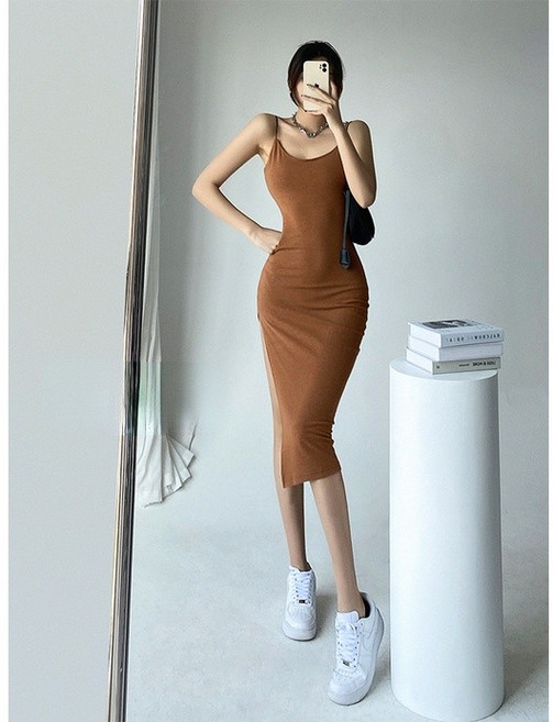 歐美風開衩包臀長洋裝 細肩帶吊帶過膝裙 4色, 卡其色,L