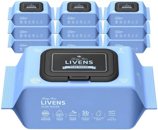 리벤스 퓨어워터 아기물티슈 엠보싱 캡형, 50g, 100매, 10개