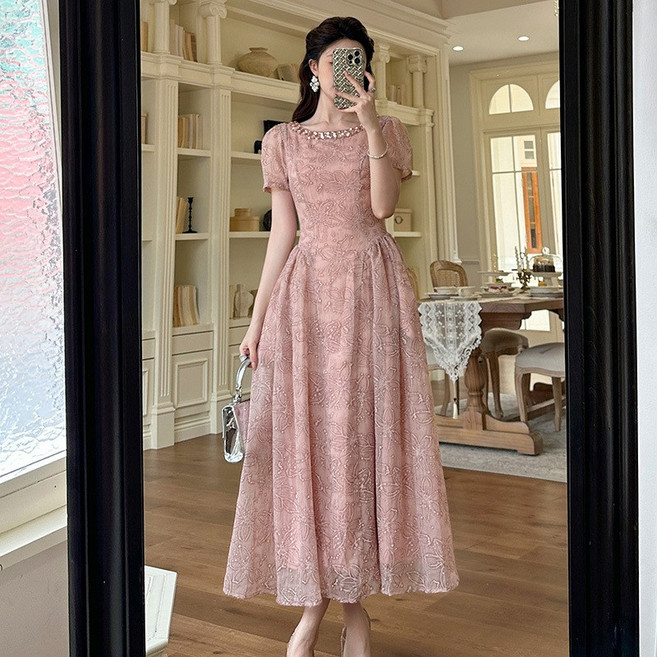 【鑲鑽收腰】蕾絲連衣裙 連衣裙 長裙 氣質連衣裙 仙女裙 粉色連衣裙 圓領長袖 修身顯瘦 高端宴會 婚禮伴娘 約會度假, 粉色