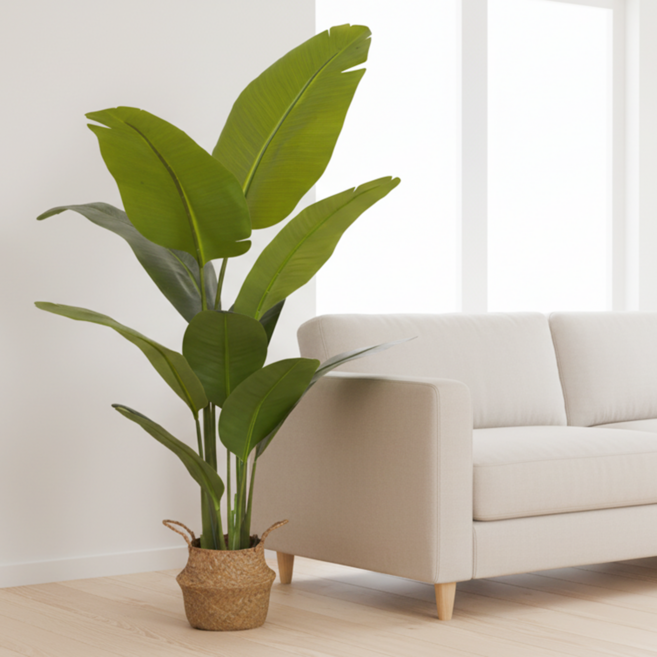 GAPINO 여인초 인테리어 조화 나무 조화화분 인조나무 대형 극락조 라탄화분 세트, 1개, 그린