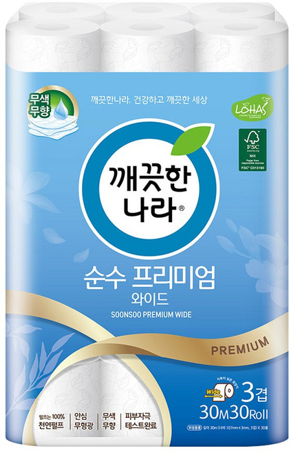 깨끗한나라 3겹 데코 순수 프리미엄 와이드 천연펄프 롤화장지 30m, 30개입, 1개