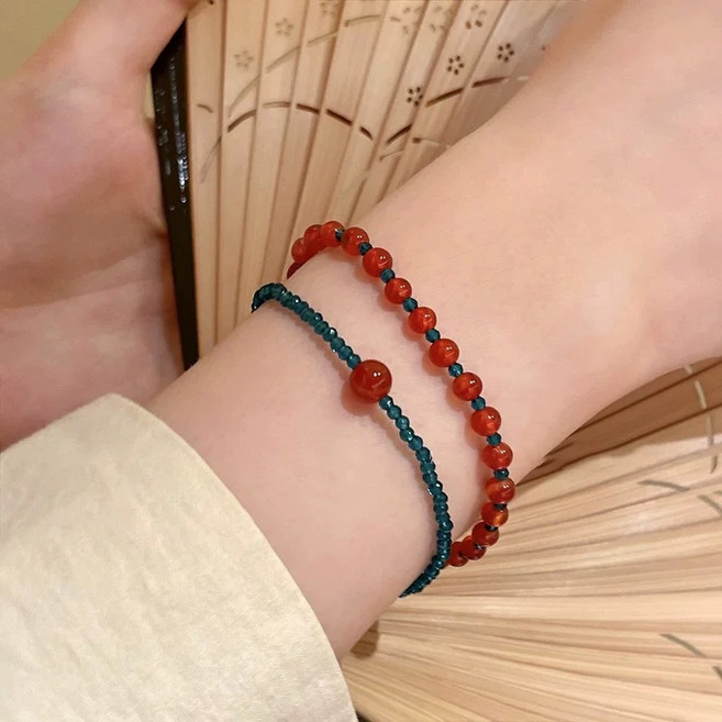 비즈 구슬 체인 팔찌 레드 그린 2개 세트