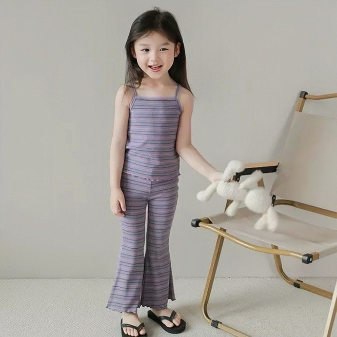 萱寶媽咪baby童裝館 韓版兒童夏季冰絲條紋吊帶套裝 女童冰絲背心喇叭褲兩件式套裝 童裝 100碼