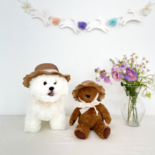 강아지 밀짚모자 레이스 버킷햇 라피아햇 바캉스 댕캉스 모자, L 사이즈